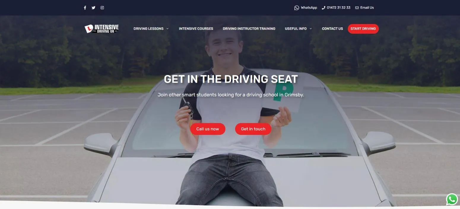 Homepage of Intensive Driving UK, a driving school, with a new driver holding car keys and a P plate